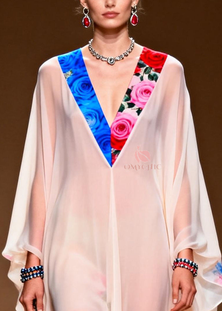 Floral Print Deep V-Neck Butterfly Sleeve Sheer Chiffon Kaftan Maxi Gown