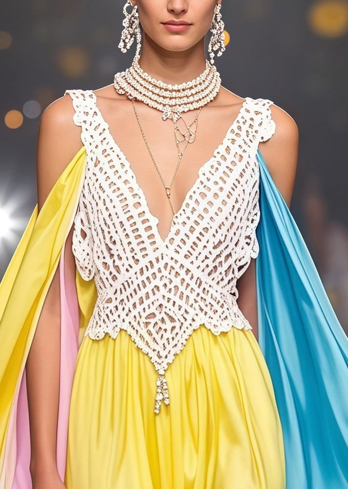 Deep V-Neck Lace Bodice Chiffon Cape Sleeve High Low Asymmetrical Midi Dress