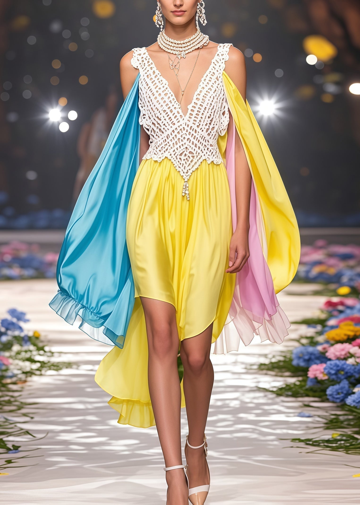 Deep V-Neck Lace Bodice Chiffon Cape Sleeve High Low Asymmetrical Midi Dress