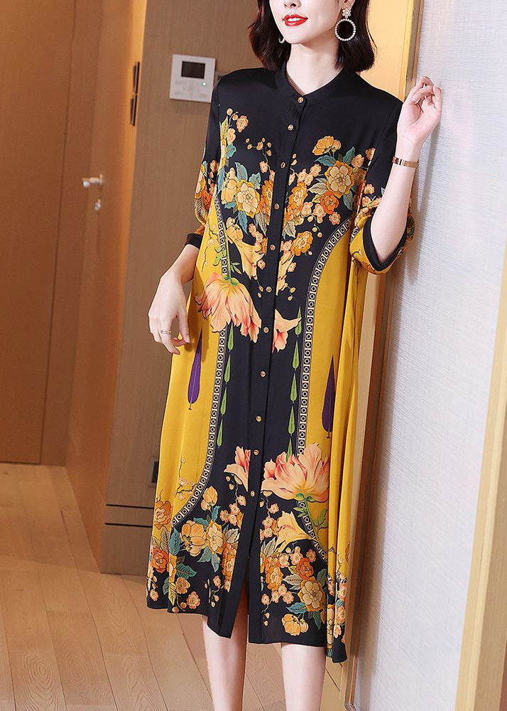 Floral Print Mandarin Collar Button Down Three Quarter Sleeve Side Slit Midi Dress