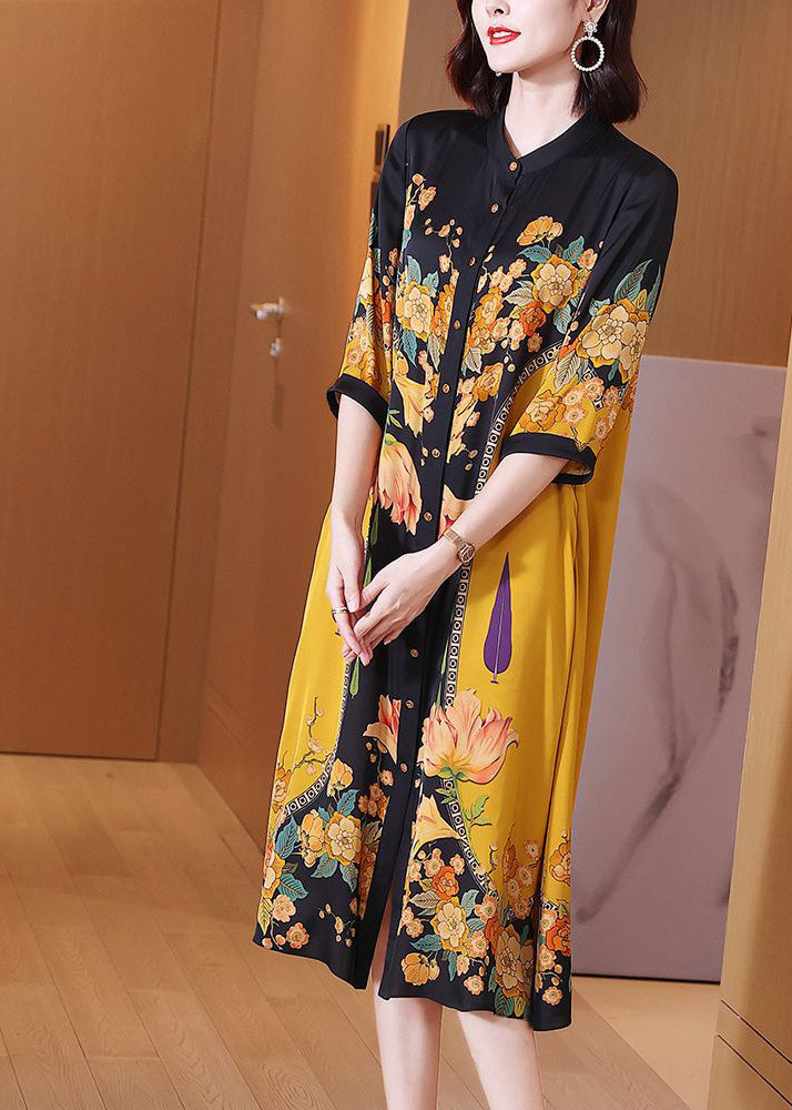 Floral Print Mandarin Collar Button Down Three Quarter Sleeve Side Slit Midi Dress