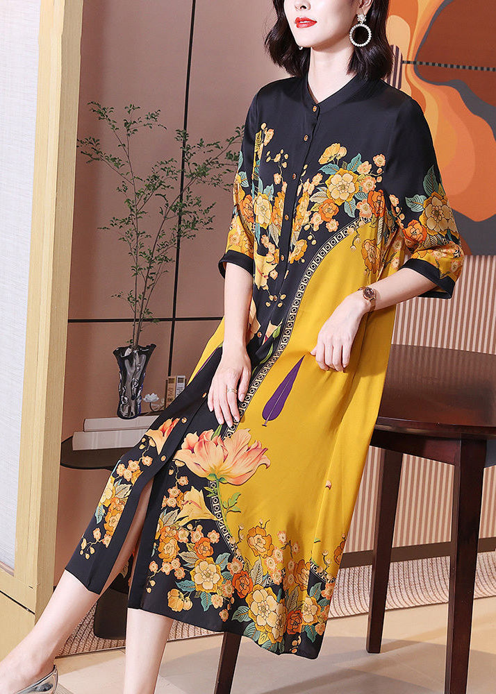 Floral Print Mandarin Collar Button Down Three Quarter Sleeve Side Slit Midi Dress