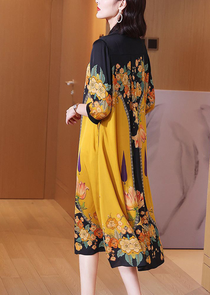Floral Print Mandarin Collar Button Down Three Quarter Sleeve Side Slit Midi Dress