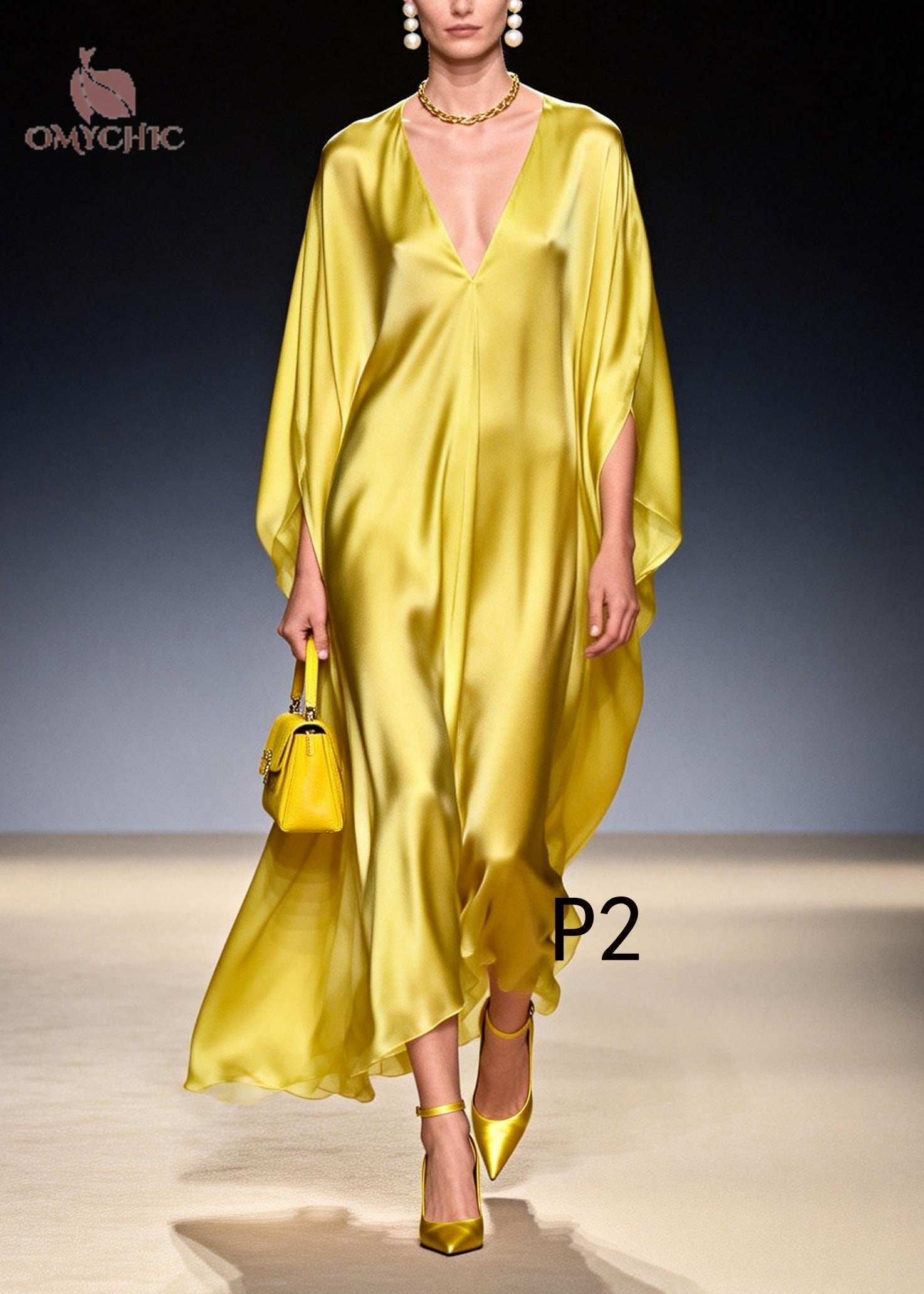 Satin Deep V-Neck Batwing Sleeve Draped Kaftan Maxi Dress