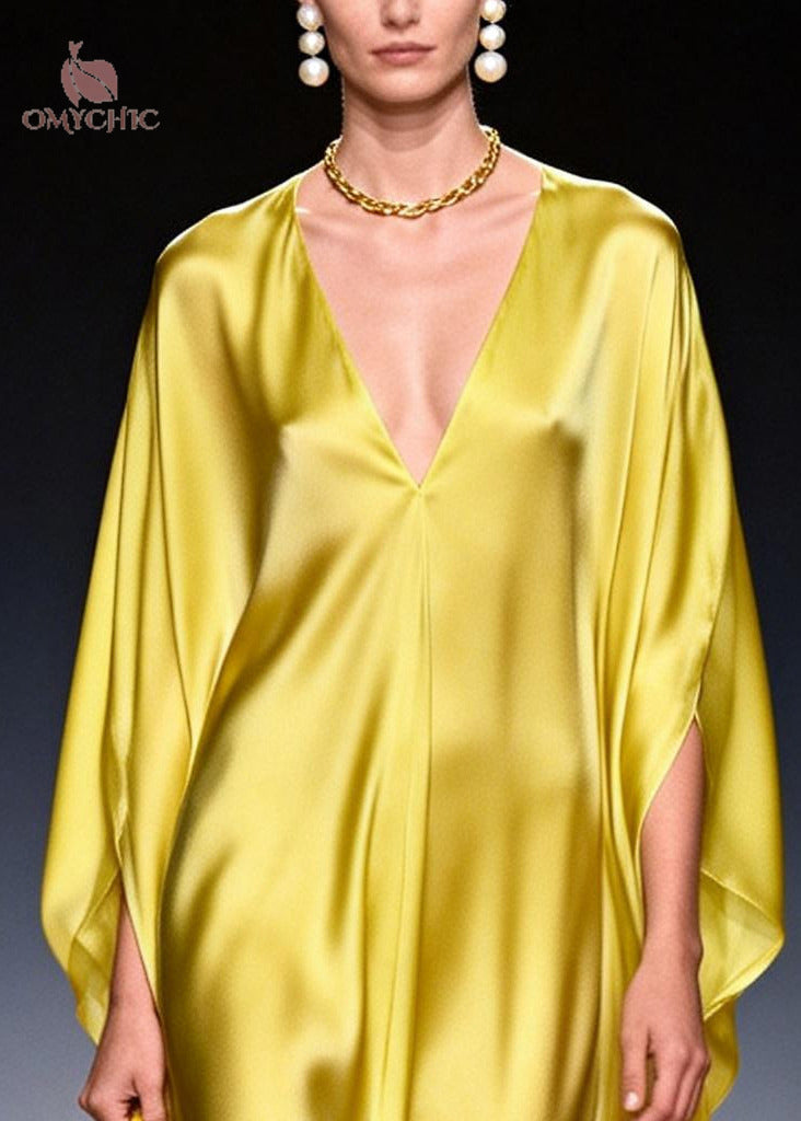 Satin Deep V-Neck Batwing Sleeve Draped Kaftan Maxi Dress