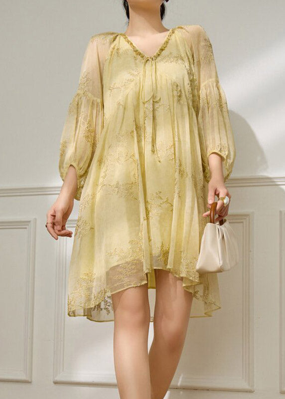 Floral Embroidered Lace Trim Tie Neck Puff Sleeve Chiffon Mini Dress