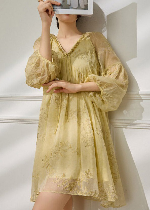 Floral Embroidered Lace Trim Tie Neck Puff Sleeve Chiffon Mini Dress