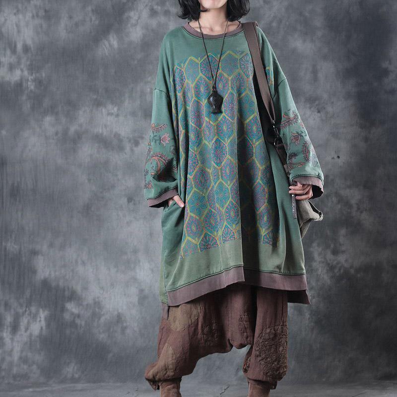 Green Print O Neck Midi-length Cotton Dress