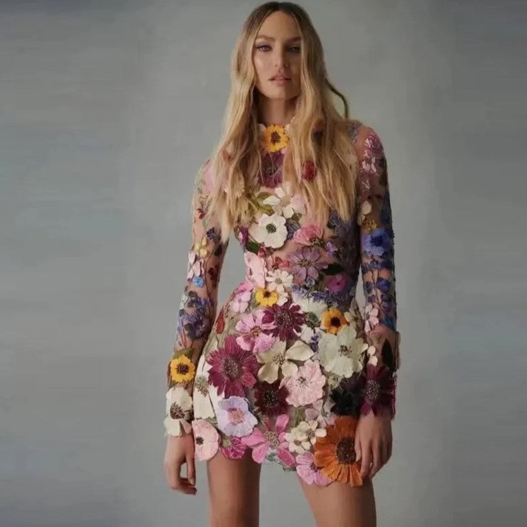Mock Neck Long Sleeve Floral Embroidered Bodycon Mini Dress