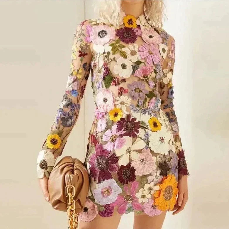 Mock Neck Long Sleeve Floral Embroidered Bodycon Mini Dress