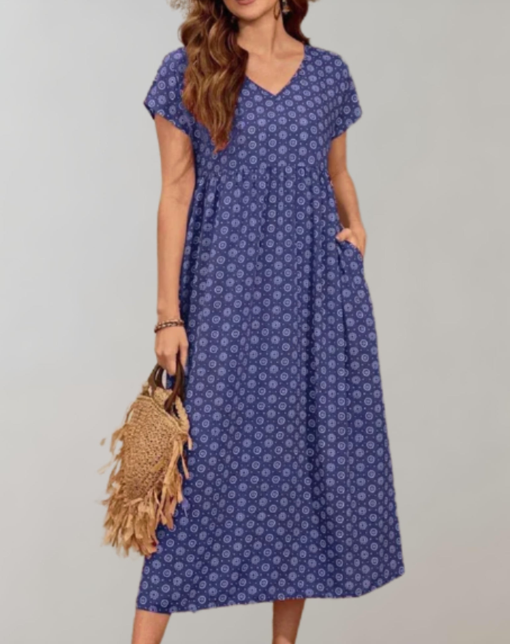 Paisley Print V-Neck Short Sleeve Empire Waist Flowy Maxi Summer Dress