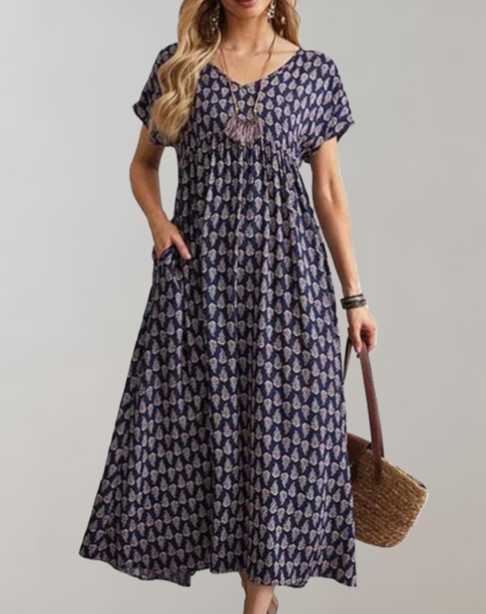 Paisley Print V-Neck Short Sleeve Empire Waist Flowy Maxi Summer Dress