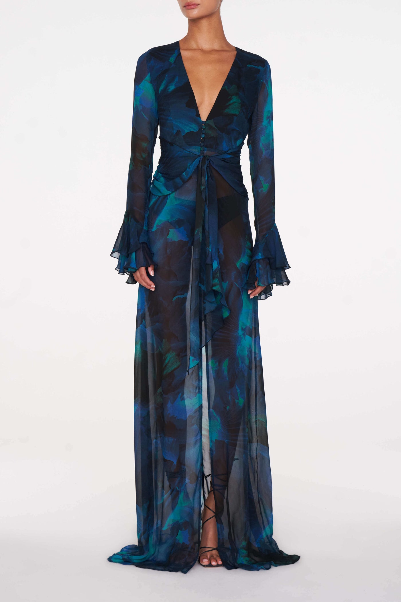 Deep V-Neck Ruffle Sleeve High Split Satin Maxi Dress 5