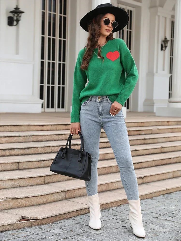 Fitshinling Heart Long Sleeve Cozy Green Sweater
