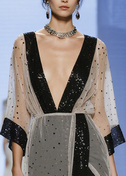 Sequin Trim Mesh Deep V-Neck Kimono Sleeve Wrap High Split Maxi Gown
