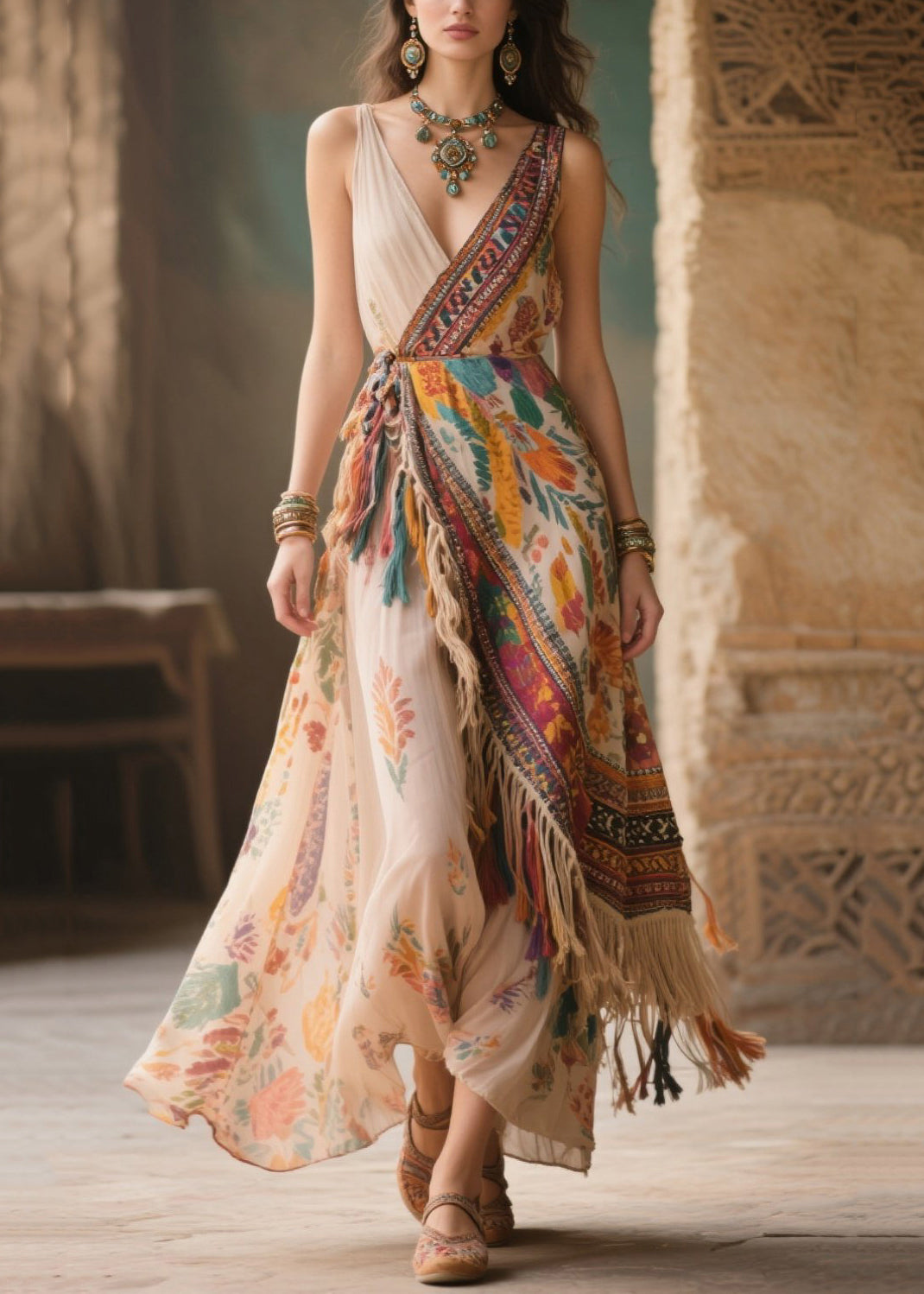 Fringe Trim Patchwork Wrap Spaghetti Strap Deep V-Neck Maxi Dress