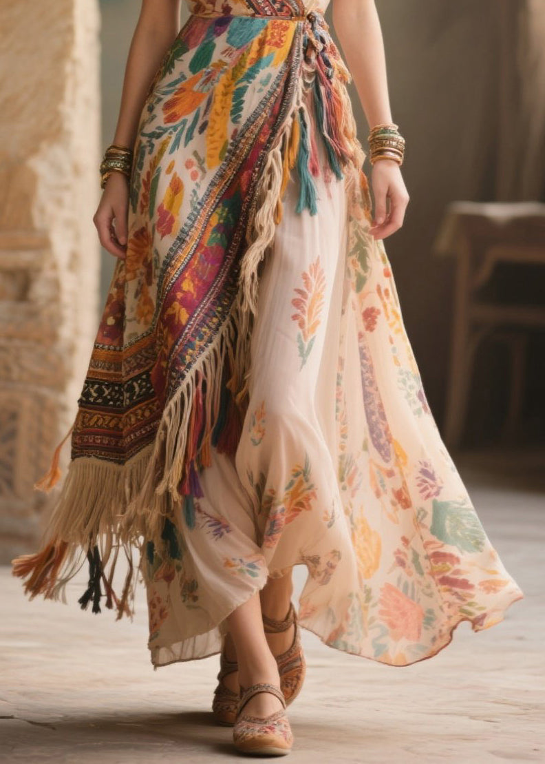Fringe Trim Patchwork Wrap Spaghetti Strap Deep V-Neck Maxi Dress