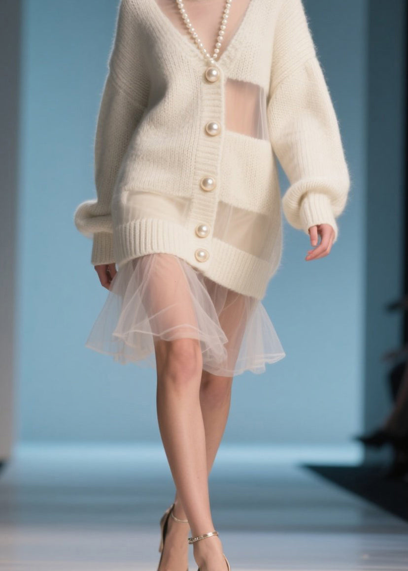 Colorblock Pearl Button Sheer Puff Sleeve Ribbed Knit Mini Dress - View 3