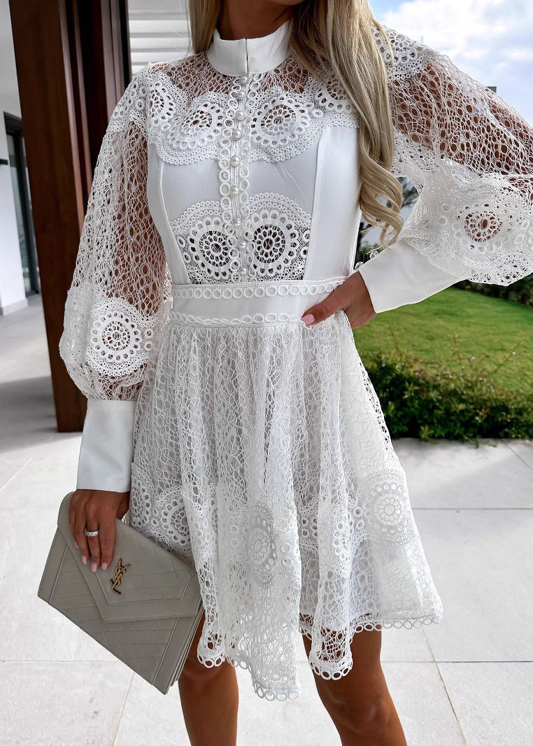 Lace Mock Neck Button Front Lantern Sleeve Panel Waist Scalloped Hem Mini Dress