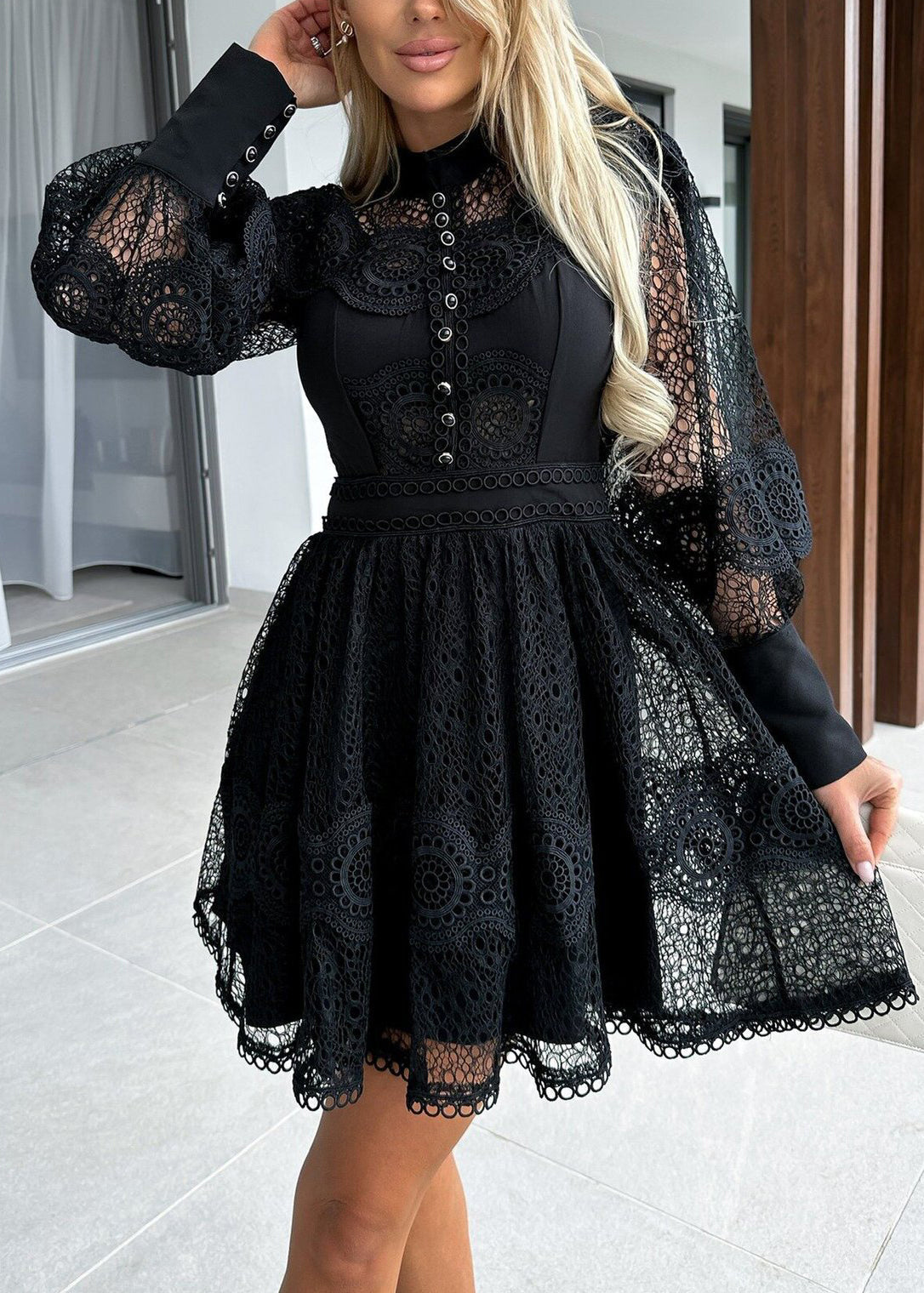 Lace Mock Neck Button Front Lantern Sleeve Panel Waist Scalloped Hem Mini Dress