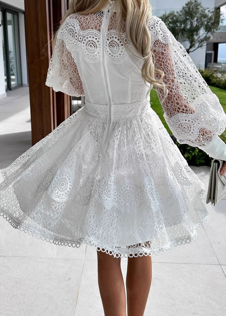 Lace Mock Neck Button Front Lantern Sleeve Panel Waist Scalloped Hem Mini Dress