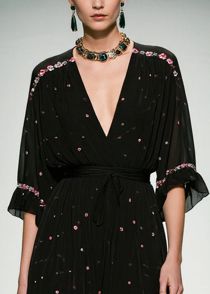 Floral Embroidery Deep V-Neck Flutter Sleeve Belted Tiered Ruffle Chiffon Maxi Gown