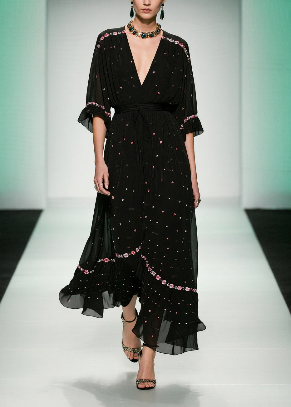 Floral Embroidery Deep V-Neck Flutter Sleeve Belted Tiered Ruffle Chiffon Maxi Gown