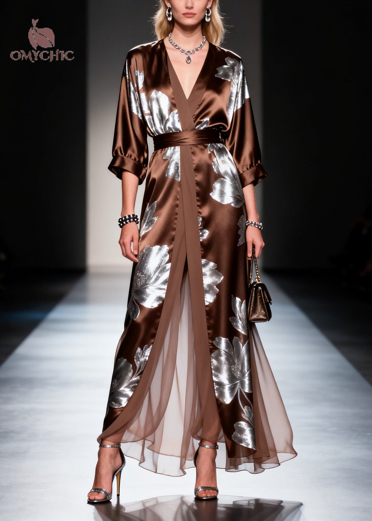 Metallic Floral Deep V-Neck Wrap Tie Waist Maxi Gown