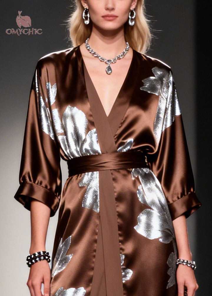 Metallic Floral Deep V-Neck Wrap Tie Waist Three Quarter Sleeve High Split Satin Maxi Gown