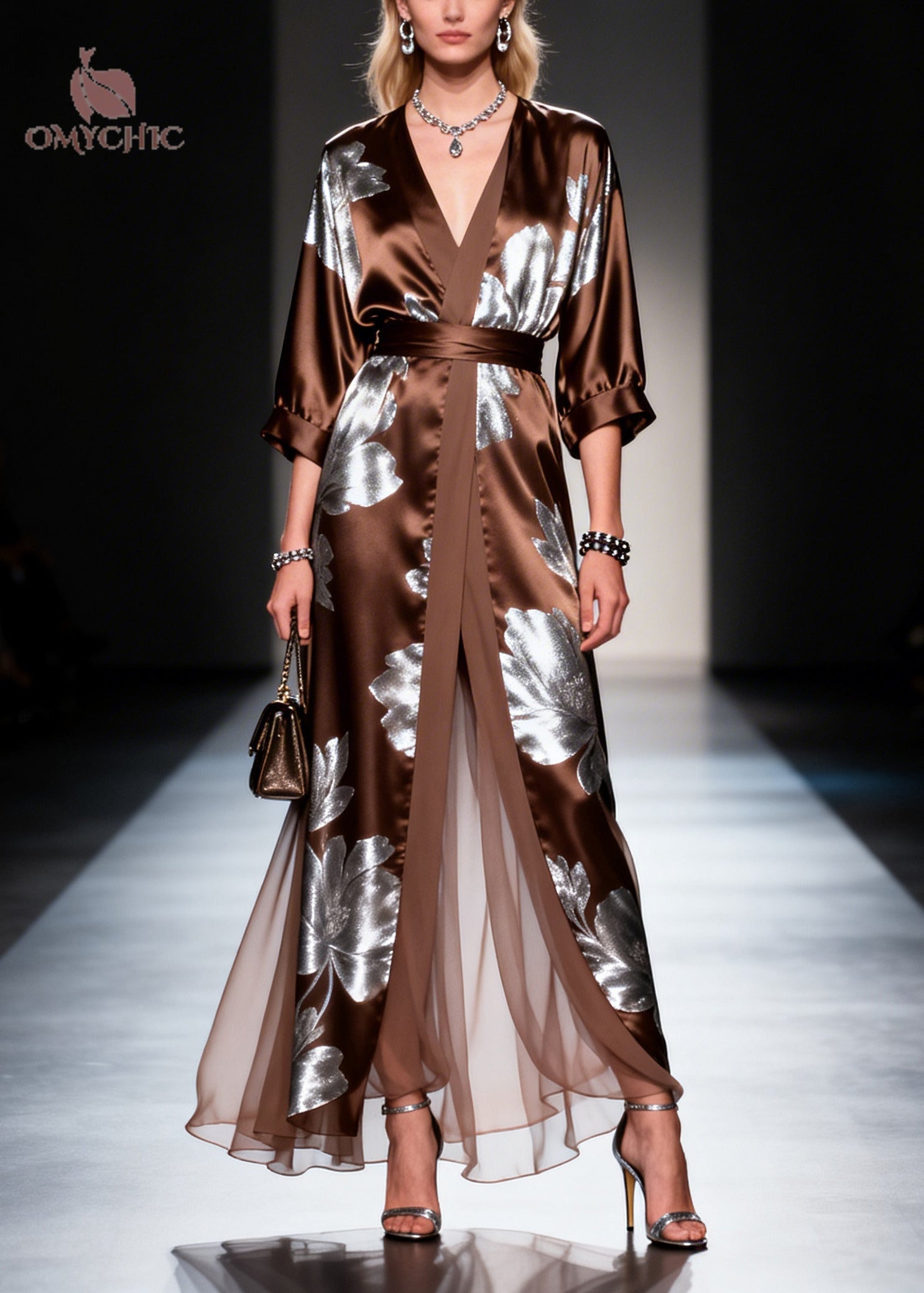 Metallic Floral Deep V-Neck Wrap Tie Waist Three Quarter Sleeve High Split Satin Maxi Gown