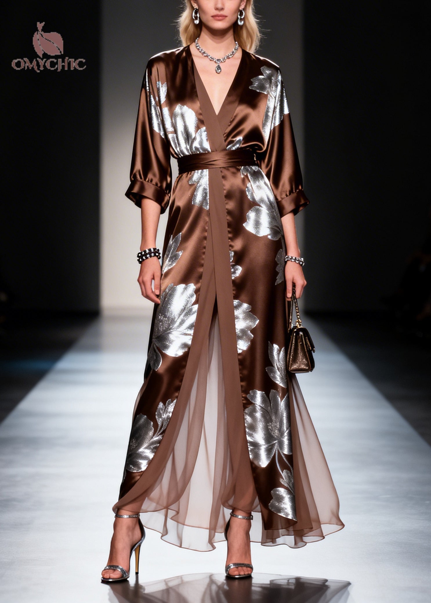 Metallic Floral Deep V-Neck Wrap Tie Waist Three Quarter Sleeve High Split Satin Maxi Gown