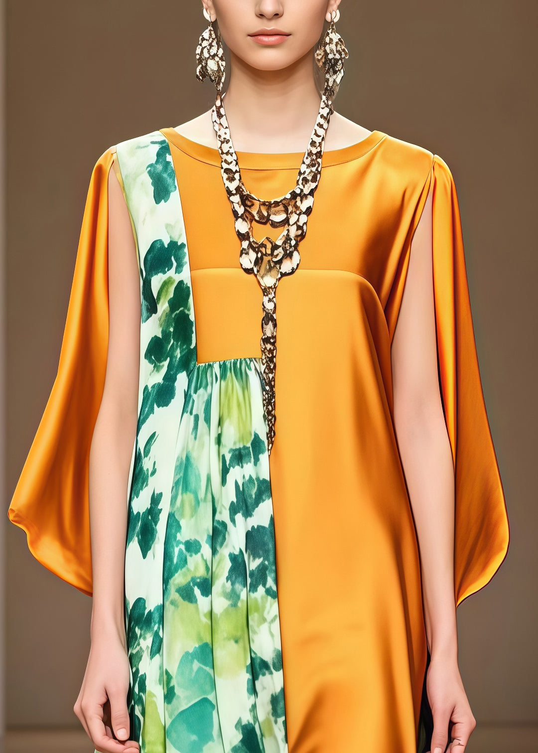 Floral Print High Neck Cape Sleeve Asymmetrical Panel Maxi Gown