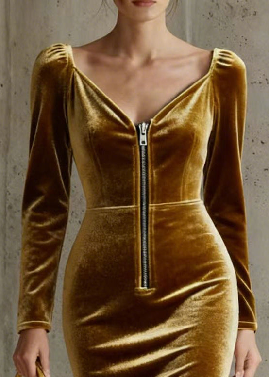 Velvet Sweetheart Neck Zip Front Long Sleeve Bodycon Midi Dress