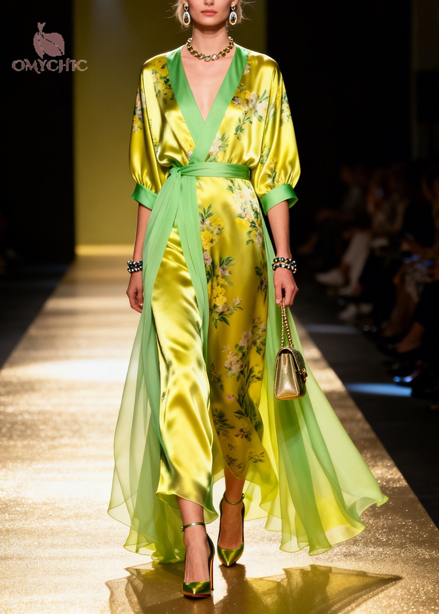 Floral Print Wrap V-Neck Contrast Trim Belted Sheer Overskirt Tulle Maxi Dress