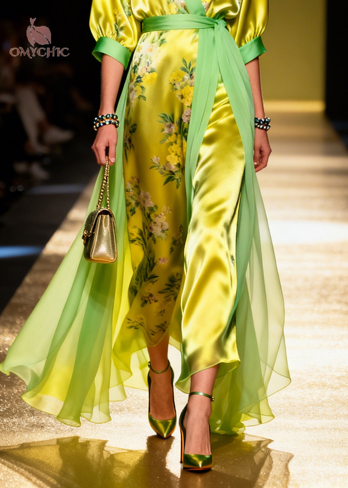 Floral Print Wrap V-Neck Contrast Trim Belted Sheer Overskirt Tulle Maxi Dress