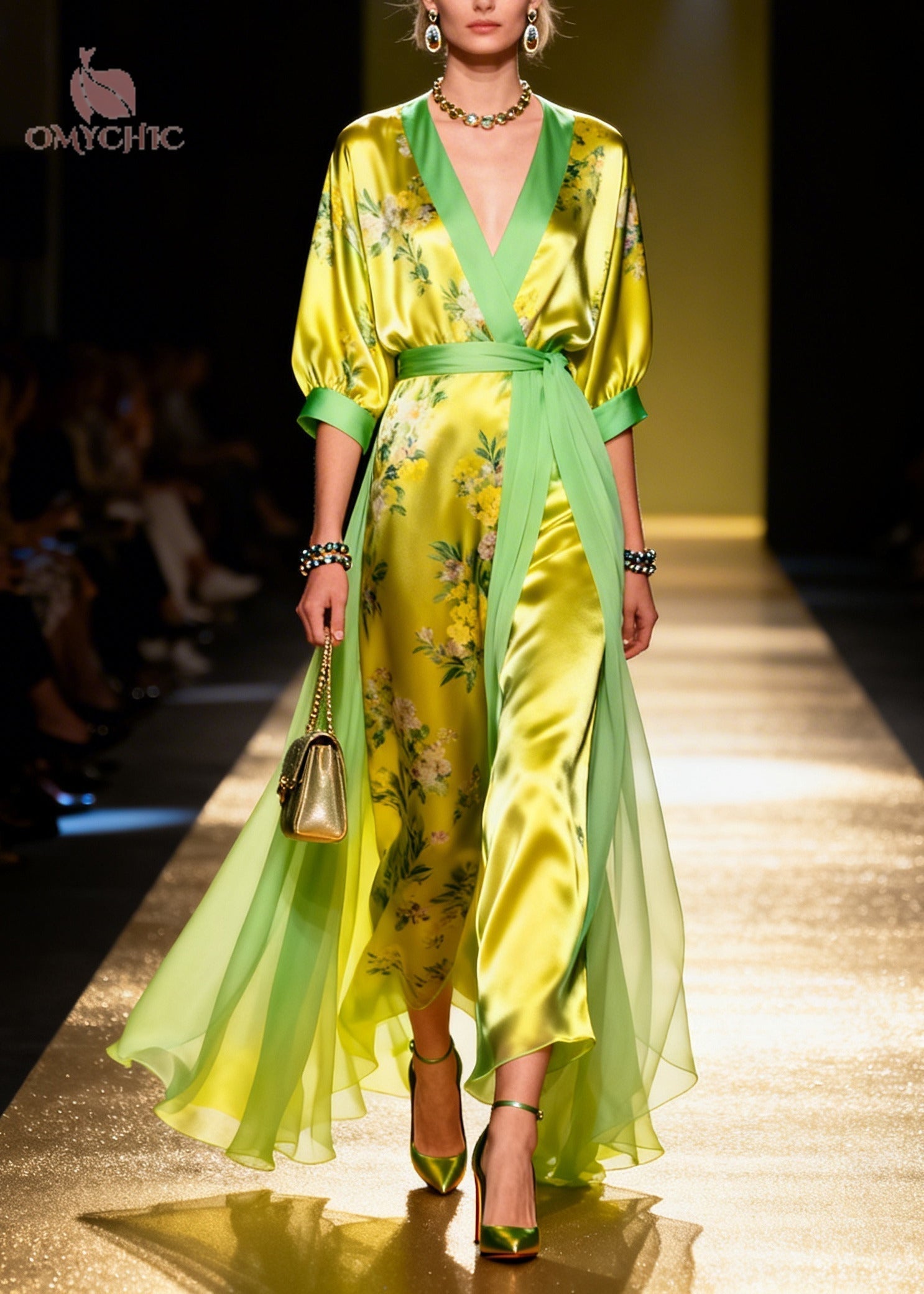 Floral Print Wrap V-Neck Contrast Trim Belted Sheer Overskirt Tulle Maxi Dress