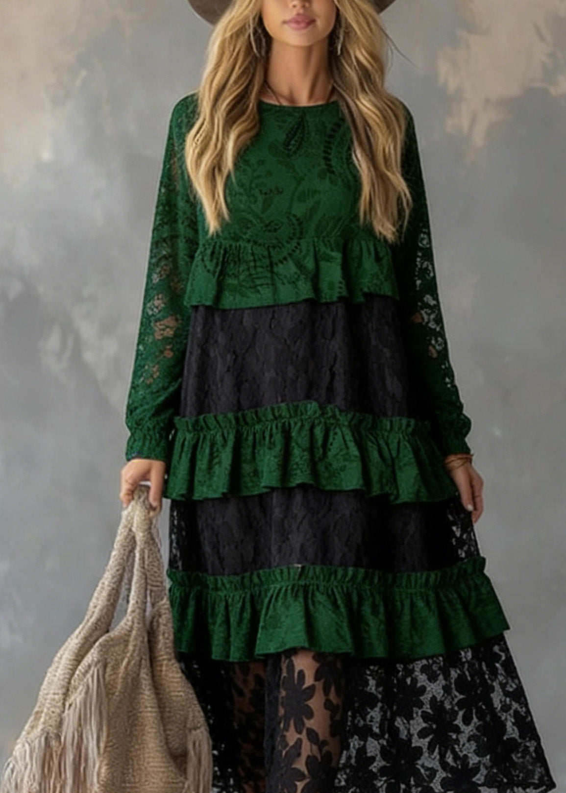 Fitted Green O Neck Ruffled Lace atchwork Cotton Dress Spring 2