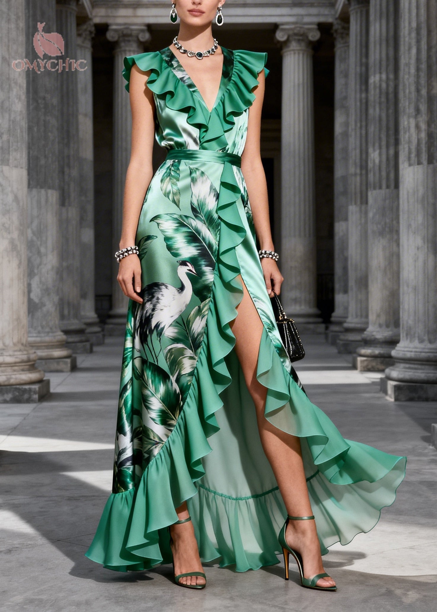 Fitted Green Ruffled Print Side Open Chiffon Party Dress Sleeveless - View 3