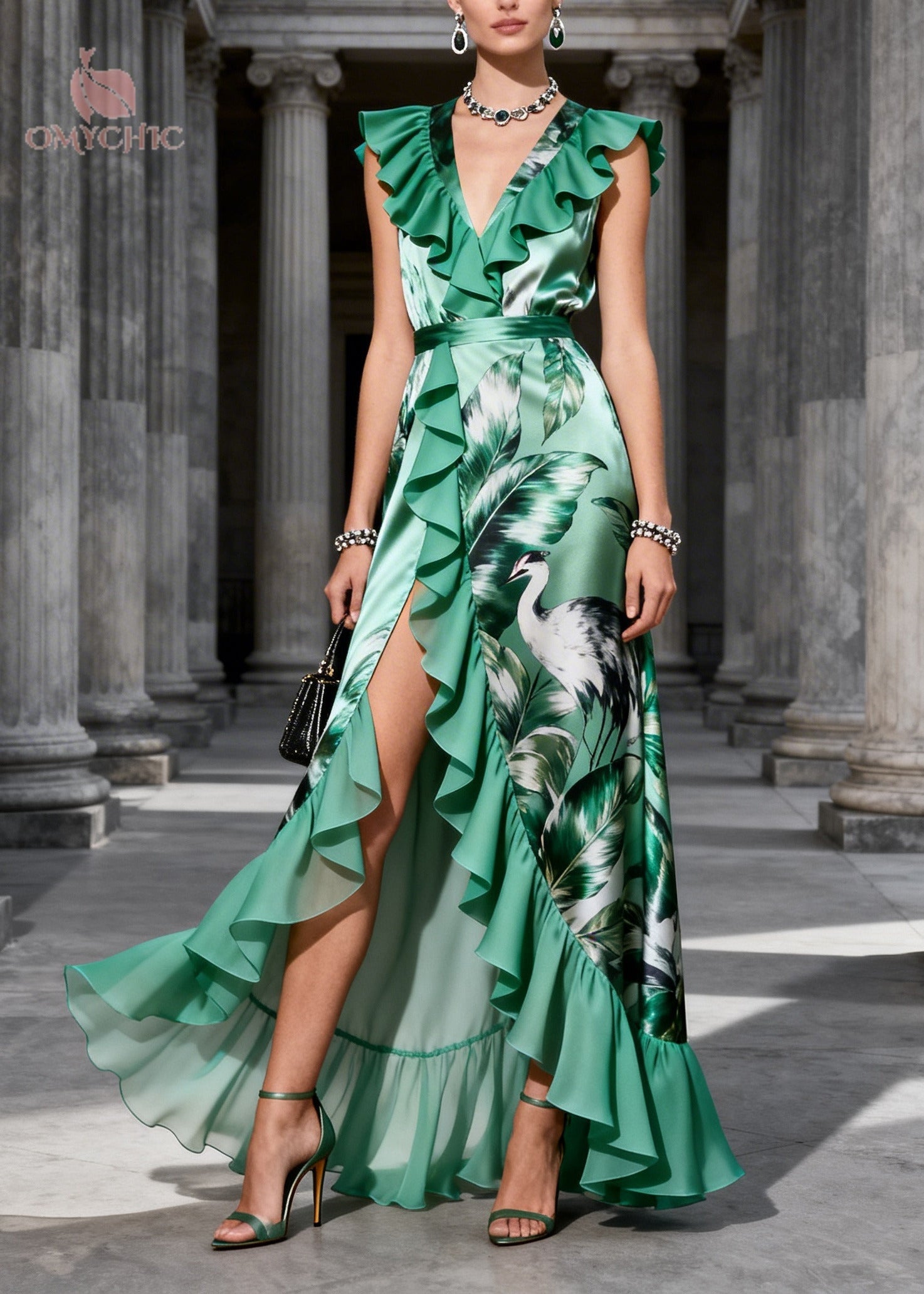 Fitted Green Ruffled Print Side Open Chiffon Party Dress Sleeveless - View 5
