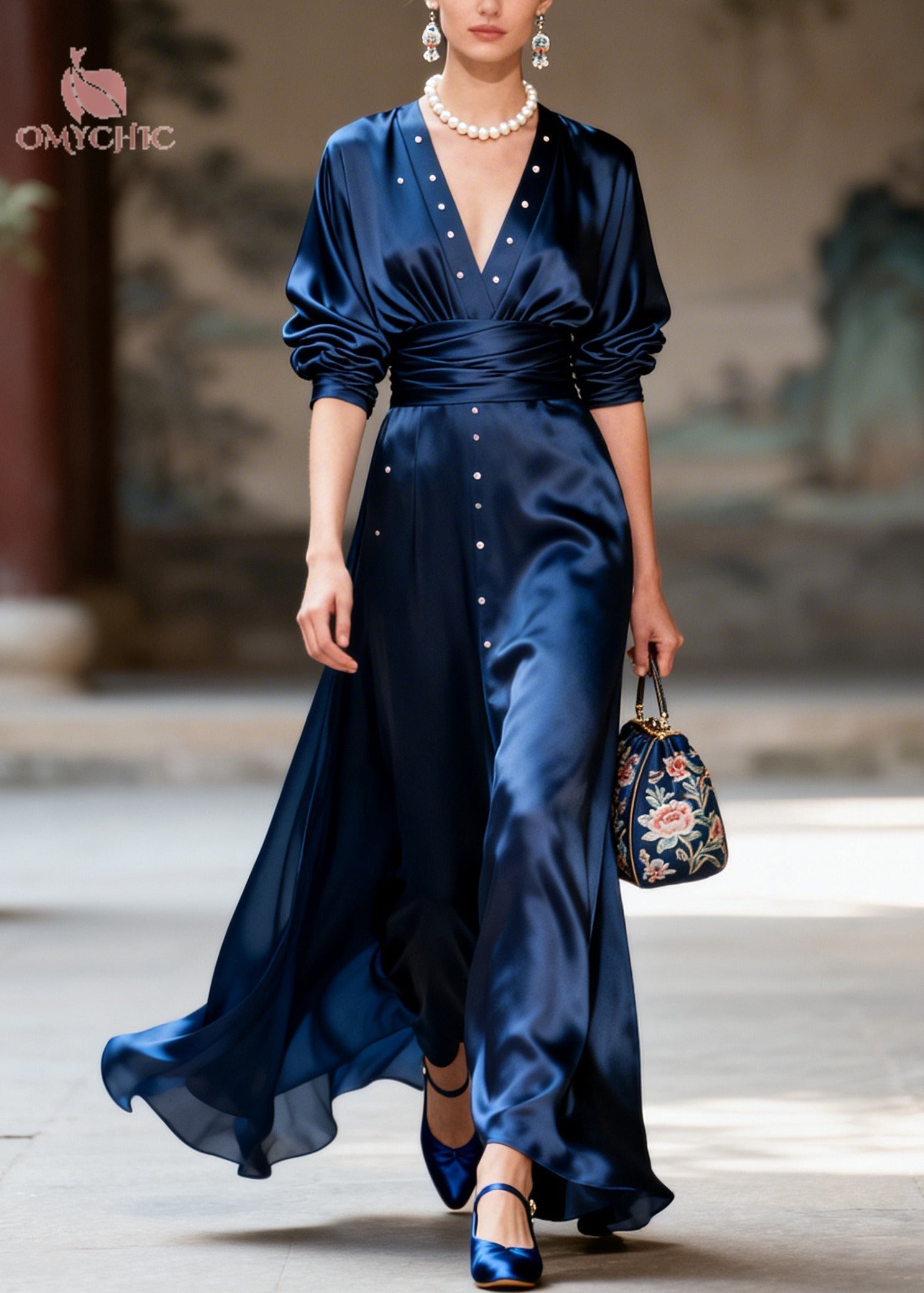 Satin Deep V-Neck Long Sleeve Ruched Waist Stud Front Pleated Maxi Gown