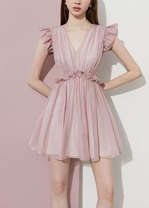 Fitted Pink Ruffled Chiffon Day Dress Summer 3