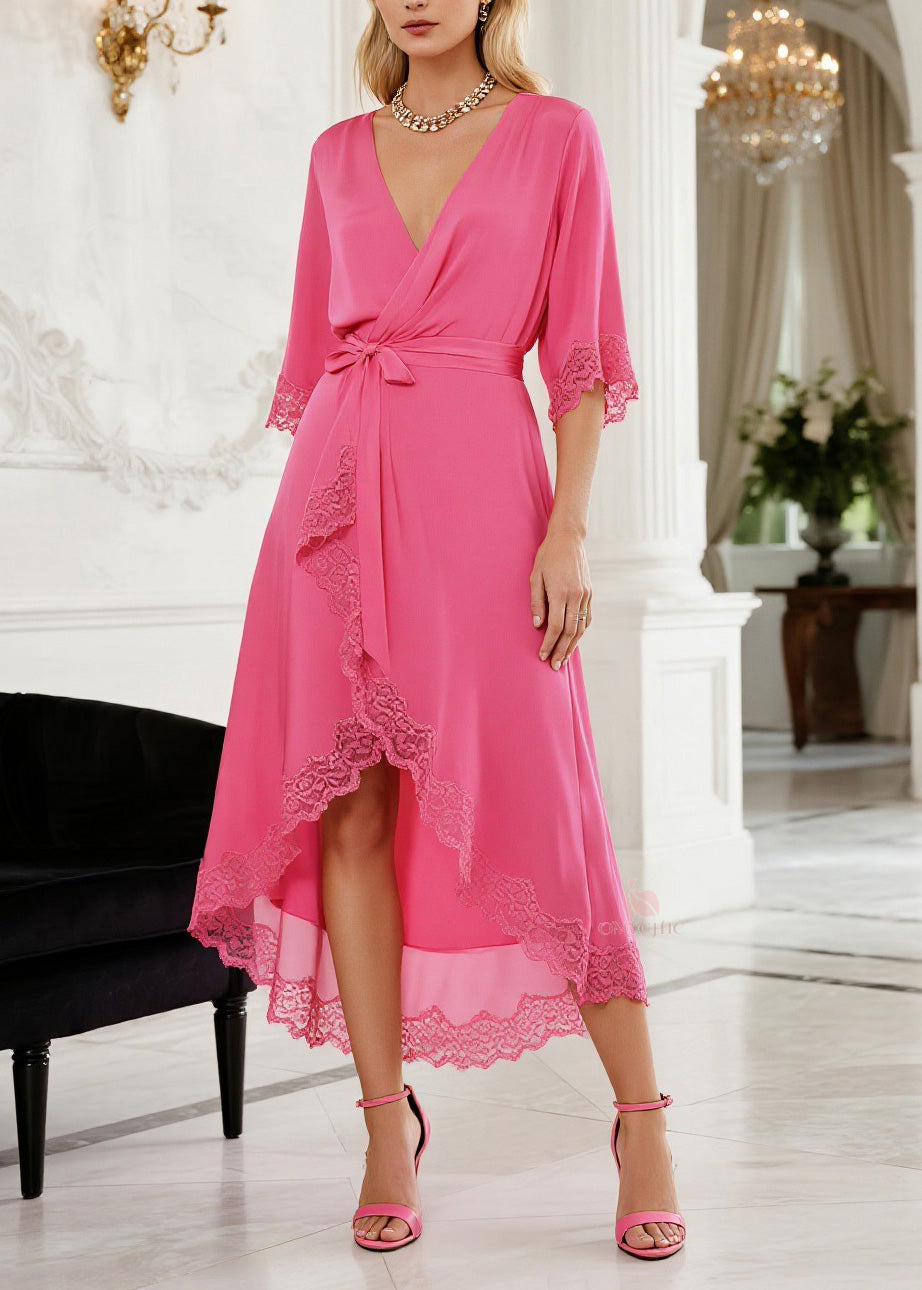 Lace Trim Deep V-Neck Tie Waist Bishop Sleeve High Low Wrap Midi Dress