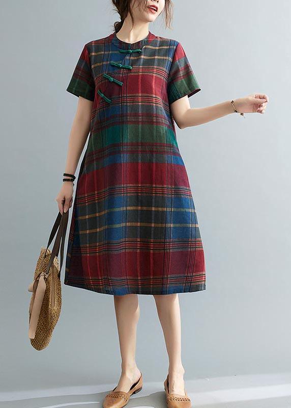 Fitted Plaid Oriental Cotton Linen Summer Dress ( Limited Stock)
