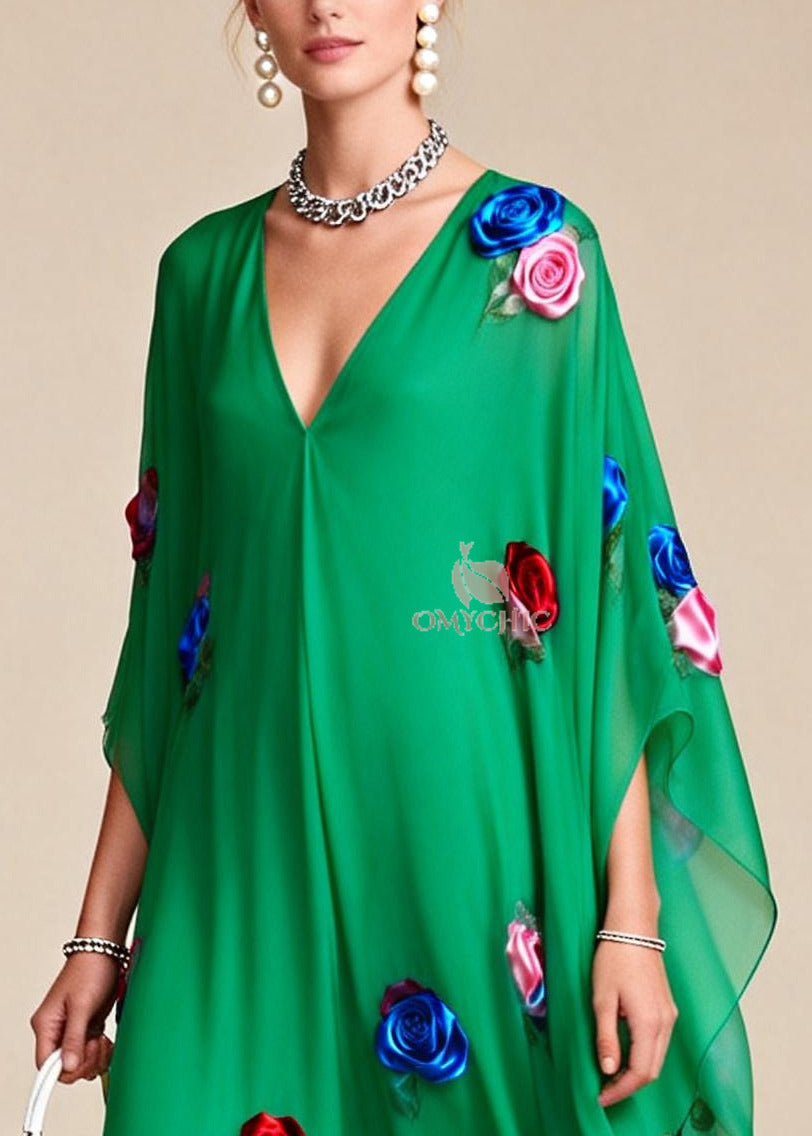 Fitted Tea Green Oversized Floral Chiffon Maxi Dress Summer - View 2