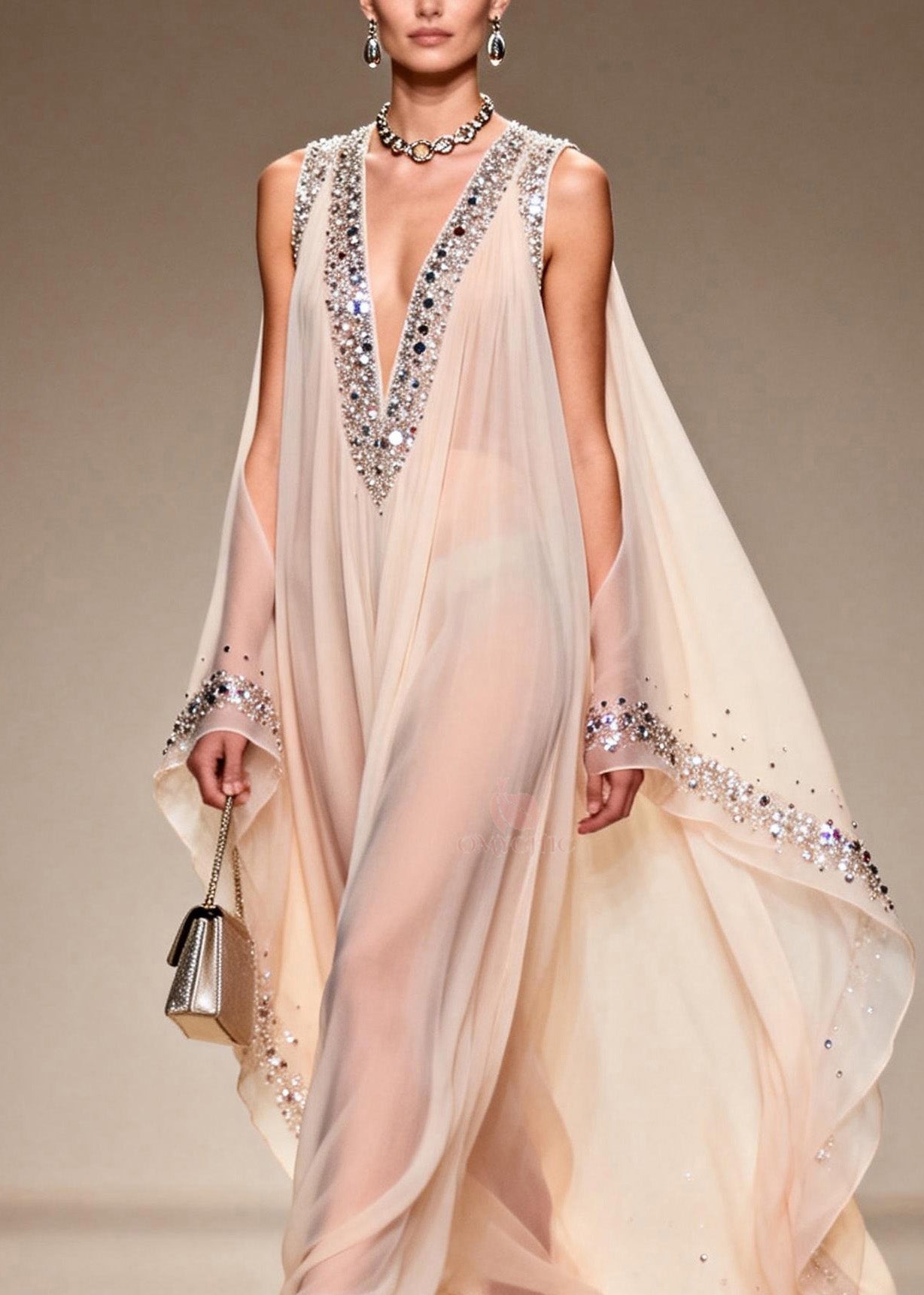 Chiffon Sheer Deep V-Neck Rhinestone Trim Cape Sleeve Floor Length Gown