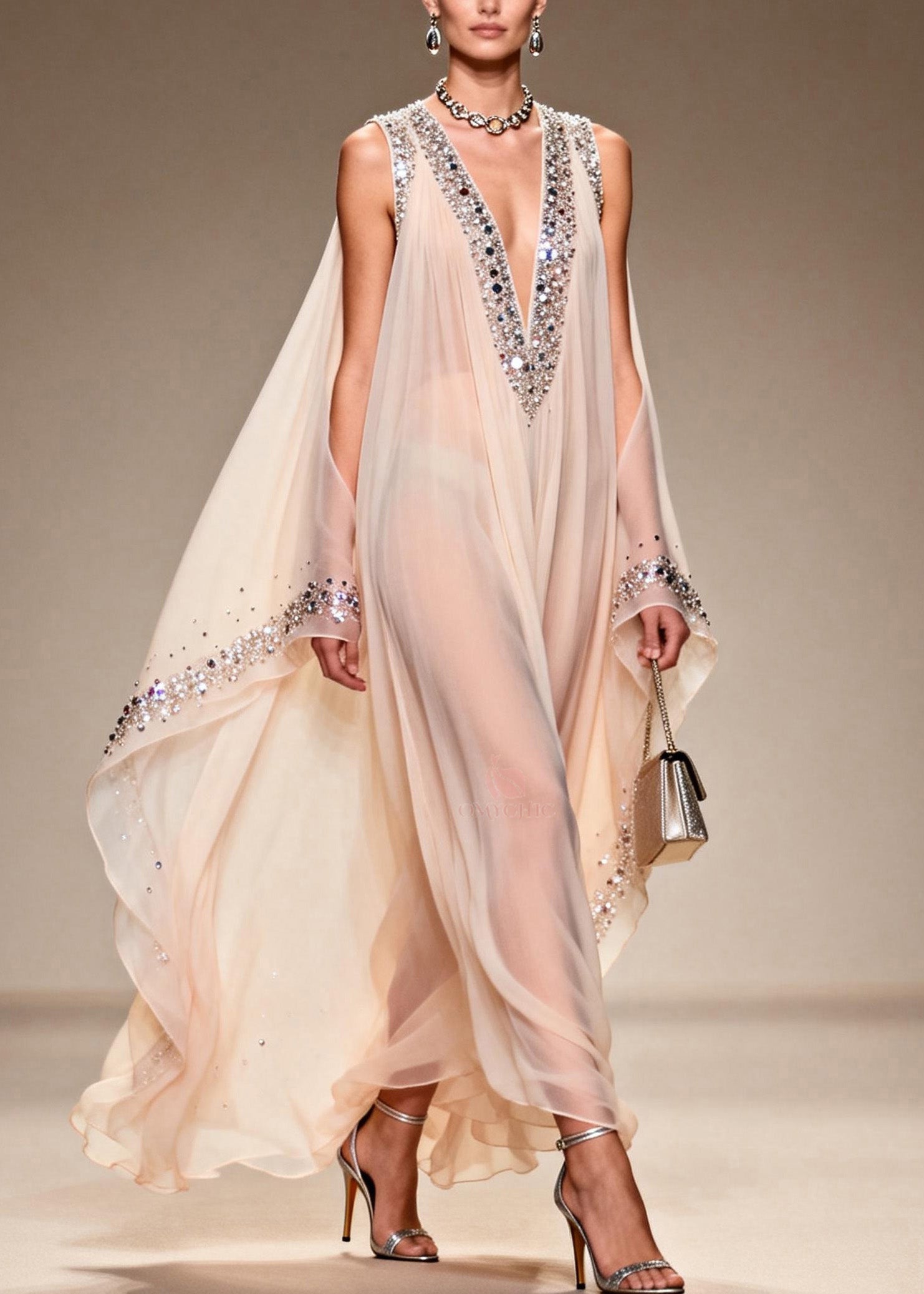 Chiffon Sheer Deep V-Neck Rhinestone Trim Cape Sleeve Floor Length Gown