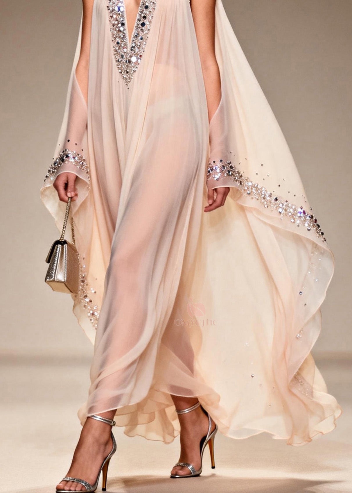 Chiffon Sheer Deep V-Neck Rhinestone Trim Cape Sleeve Floor Length Gown