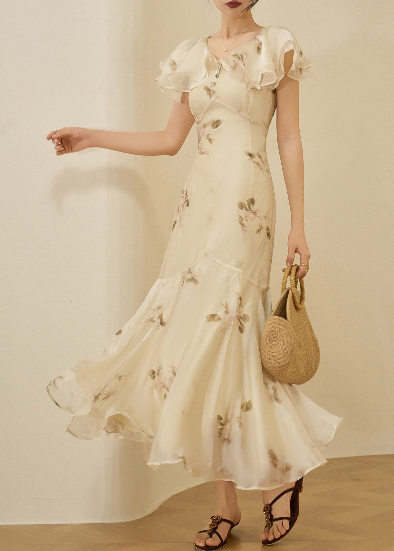 Chiffon Floral Print Ruffle Collar Button Front Empire Waist Flutter Sleeve Midi Dress