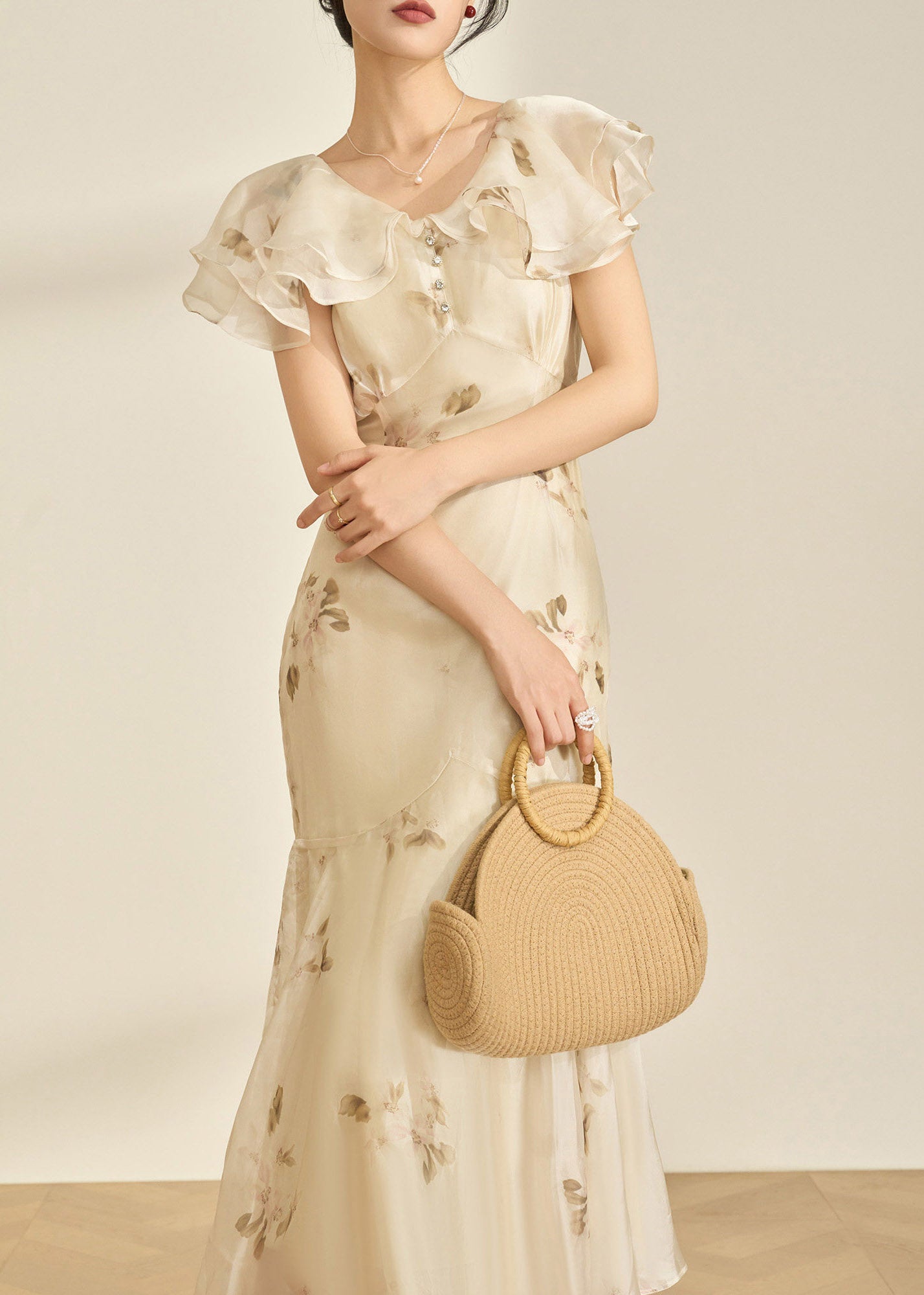 Chiffon Floral Print Ruffle Collar Button Front Empire Waist Flutter Sleeve Midi Dress
