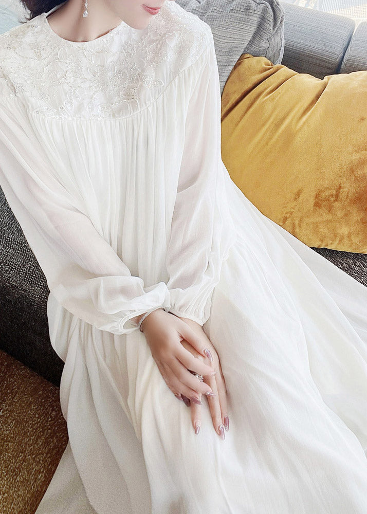 Chiffon Puff Sleeve Lace Embroidered Round Neck A-Line Maxi Wedding Dress